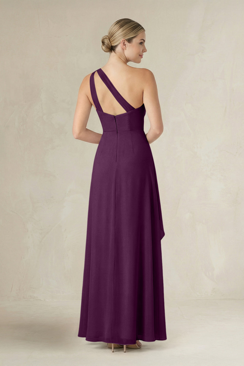 One-Shoulder Sheath Ruched Ruffled Bridesmaid Dress in Fig