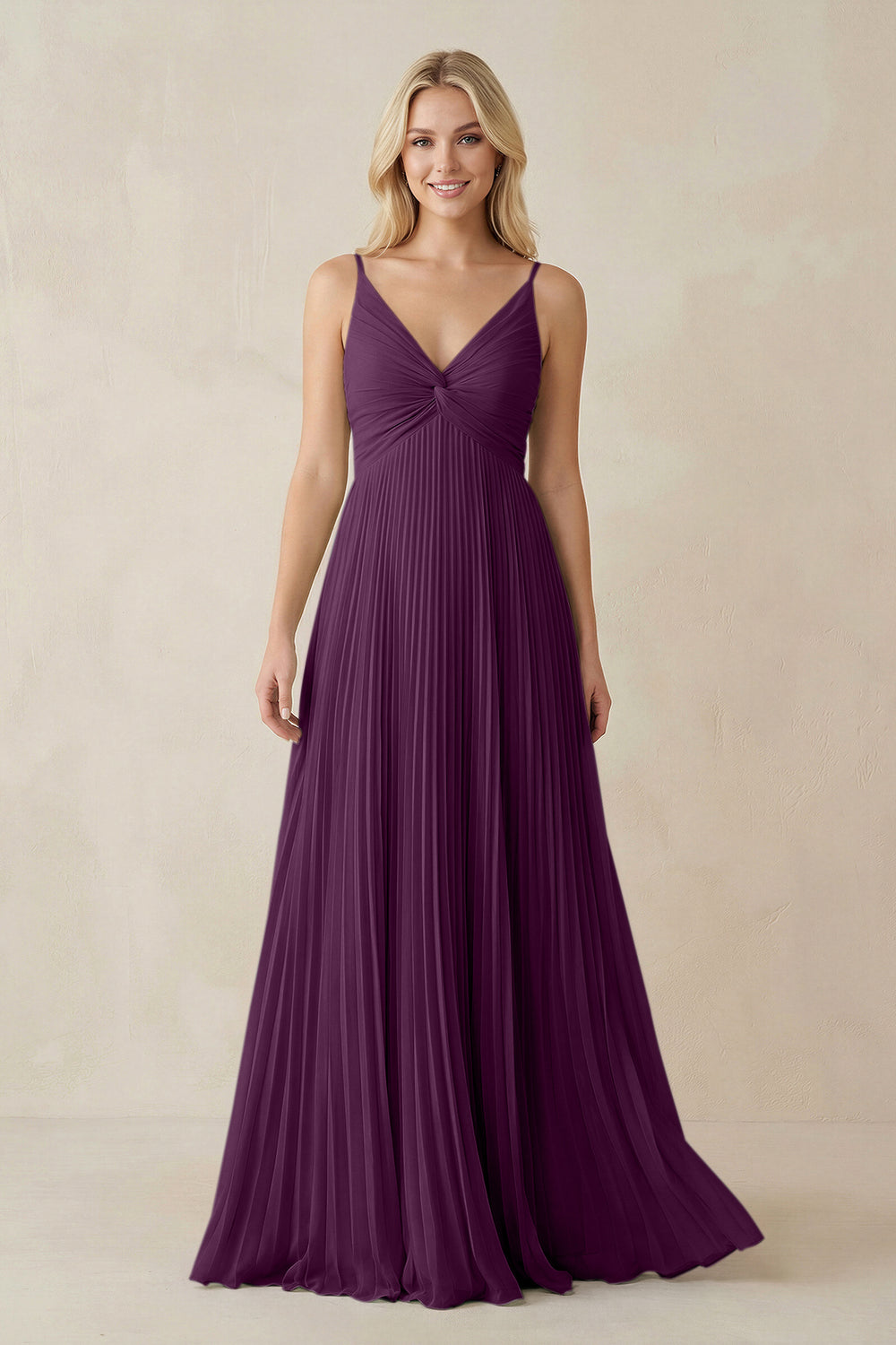 Pleated V-Neck A-Line Chiffon Bridesmaid Dress in Fig