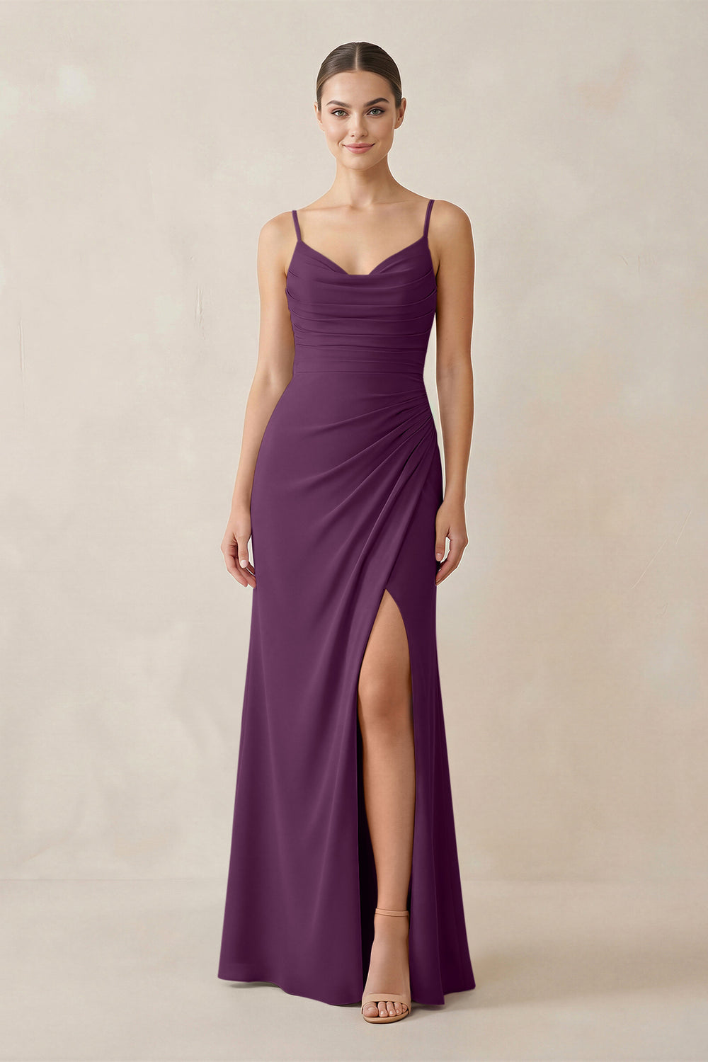 Ruched Sheath Spaghetti Strap Chiffon Bridesmaid Dress in Fig