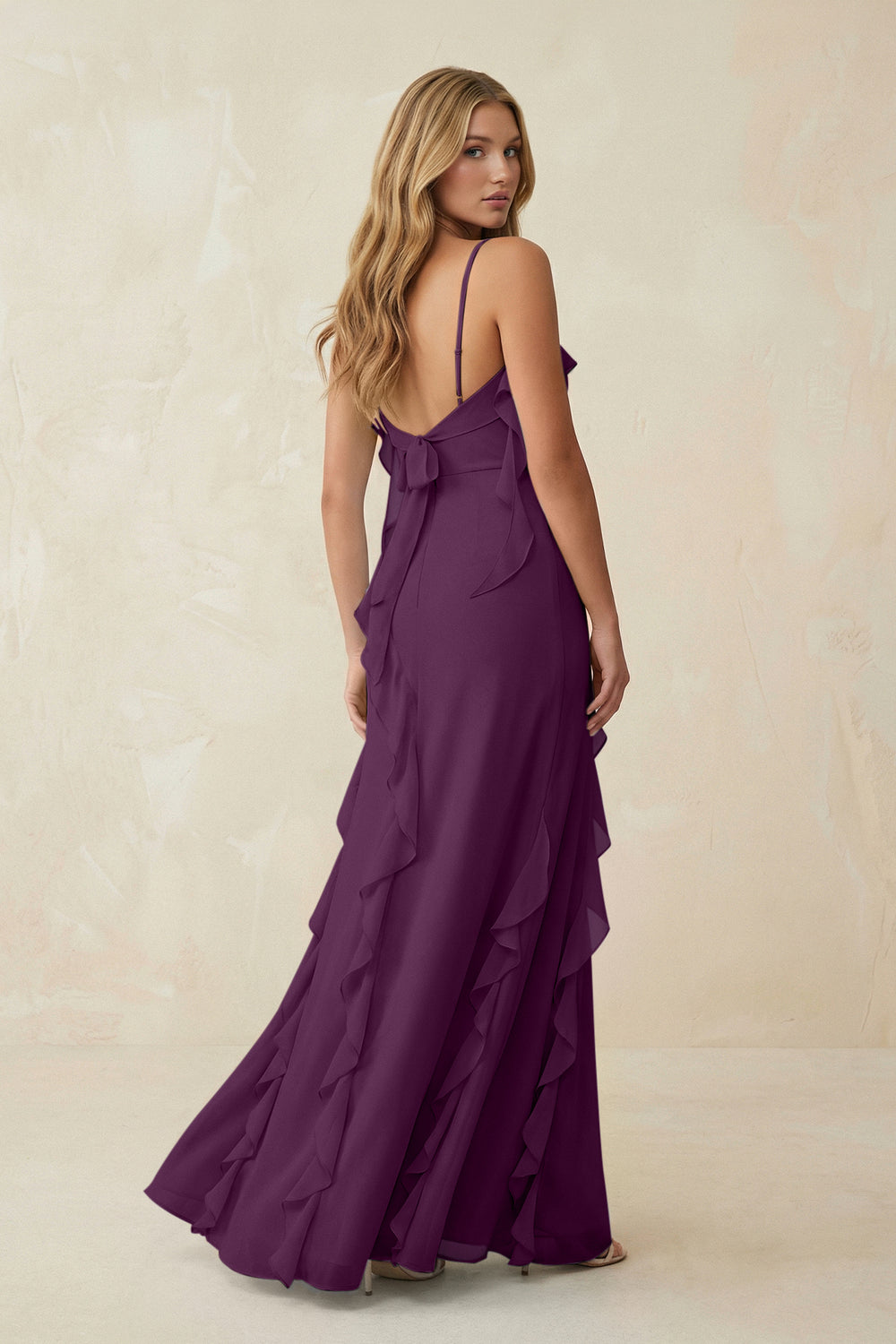 Ruffled Cami Strap Chiffon Sheath Bridesmaid Dress in Fig