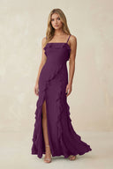 Fig Ruffled Cami Strap Chiffon Sheath Bridesmaid Dress | KISSBRIDAL