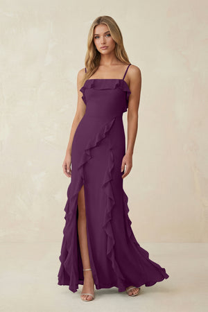 Fig Ruffled Cami Strap Chiffon Sheath Bridesmaid Dress | KISSBRIDAL