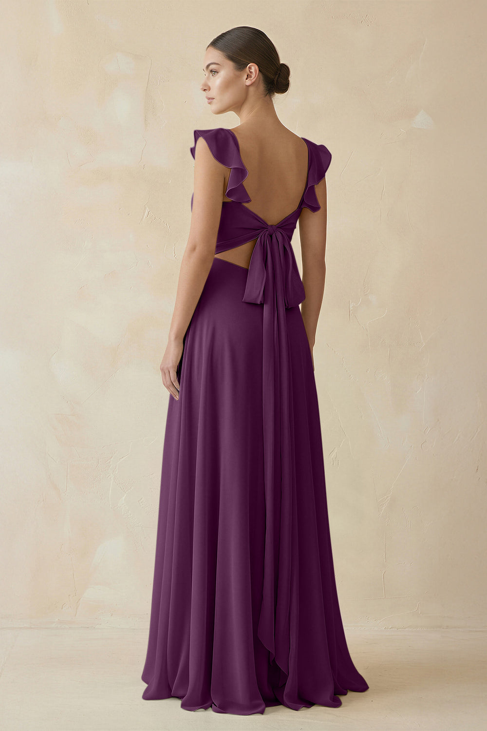 Ruffled Chiffon A-Line Long Bridesmaid Dress in Fig