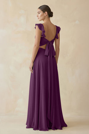 Fig Ruffled Chiffon A-Line Long Bridesmaid Dress (2) | KISSBRIDAL