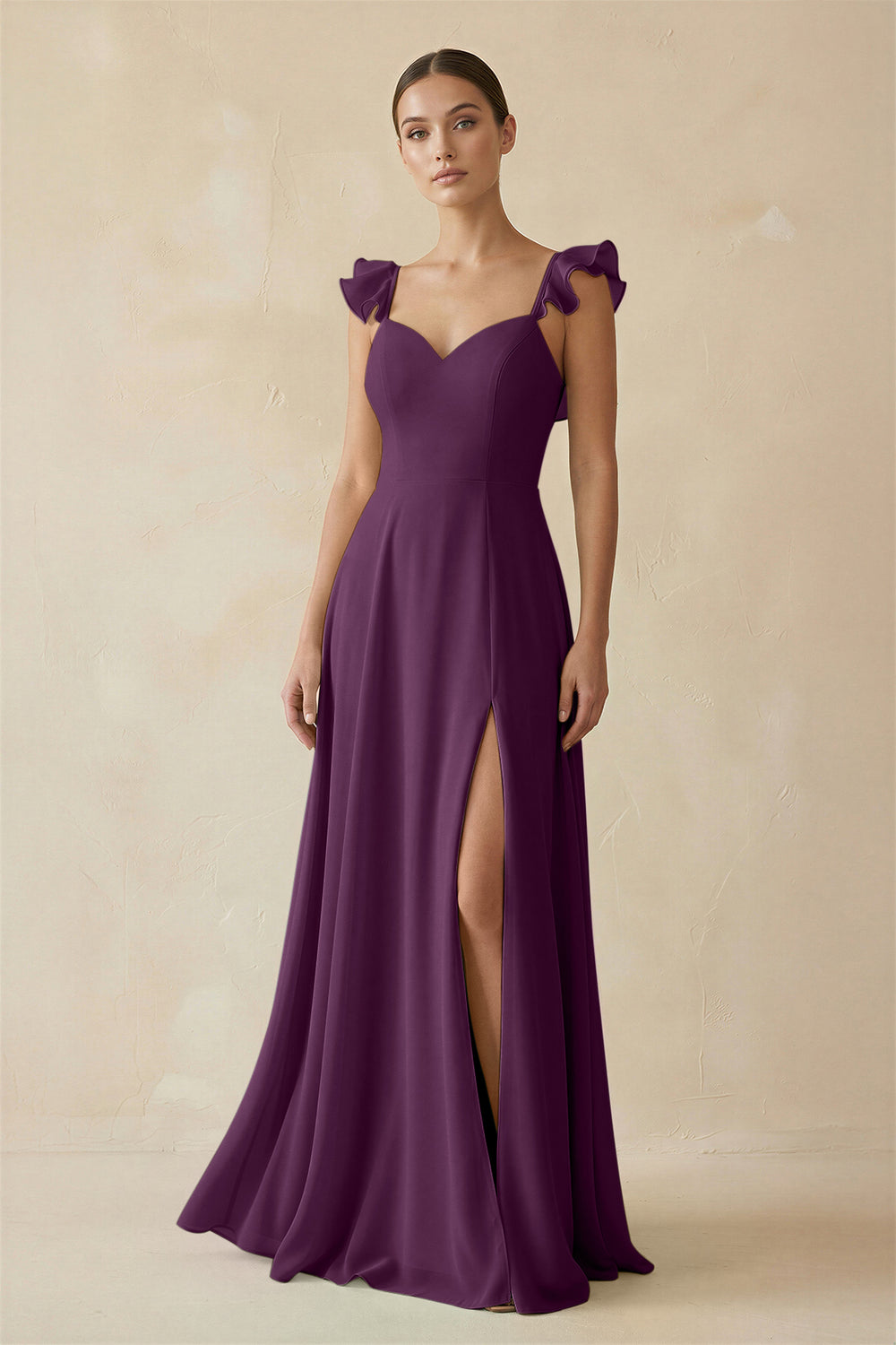 Ruffled Chiffon A-Line Long Bridesmaid Dress in Fig