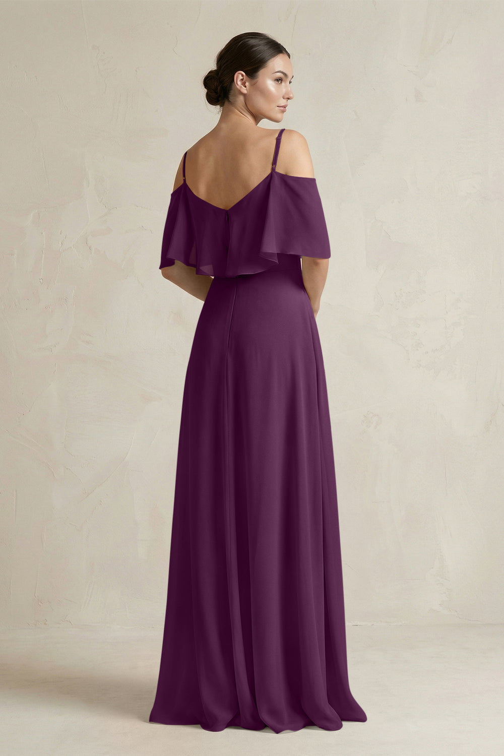 Ruffled Off-the-Shoulder A-Line Chiffon Bridesmaid Gown in Fig