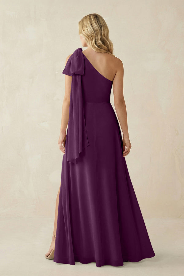 Fig Ruffled One Shoulder Chiffon Bridesmaid Dress With Slit in Fig (2) | KISSBRIDAL