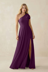 Fig Ruffled One Shoulder Chiffon Bridesmaid Dress With Slit in Fig | KISSBRIDAL
