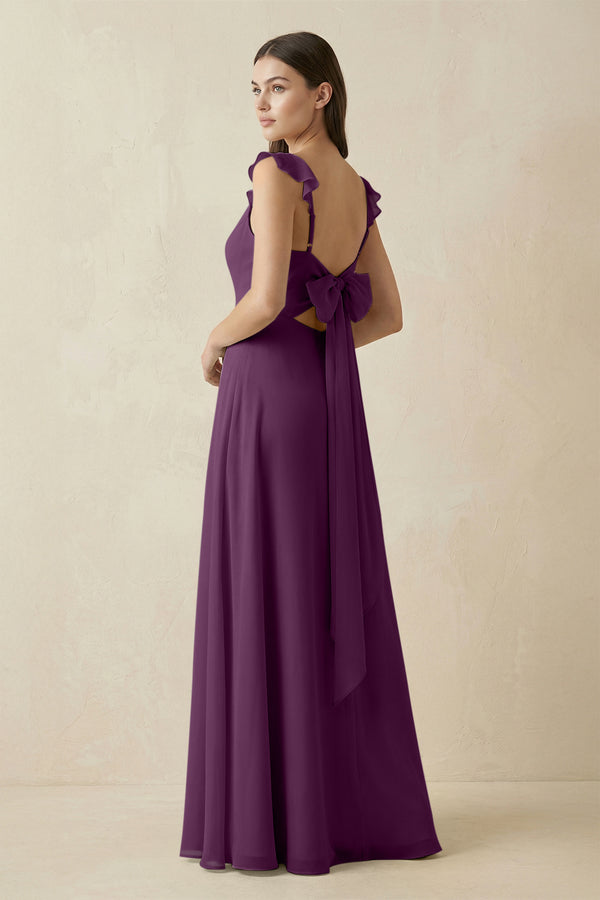 Fig Ruffled Sleeve A-Line Chiffon Bridesmaid Dress (2) | KISSBRIDAL