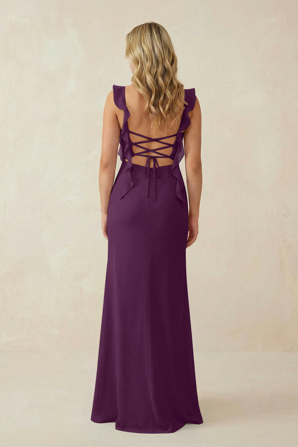 Ruffled Sleeve Ruched Sheath Chiffon Bridesmaid Dress in Fig