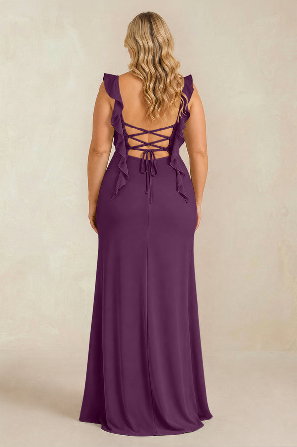 Fig Ruffled Sleeve Ruched Sheath Chiffon Bridesmaid Dress (2) [sizeplus] | KISSBRIDAL