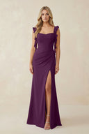Fig Ruffled Sleeve Ruched Sheath Chiffon Bridesmaid Dress | KISSBRIDAL