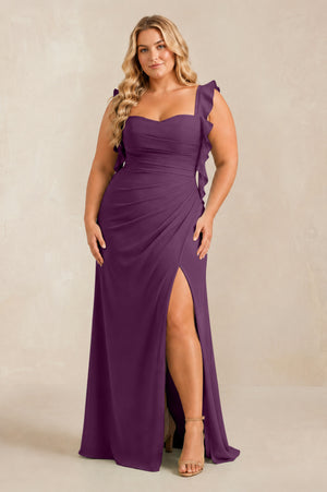 Fig Ruffled Sleeve Ruched Sheath Chiffon Bridesmaid Dress [sizeplus] | KISSBRIDAL