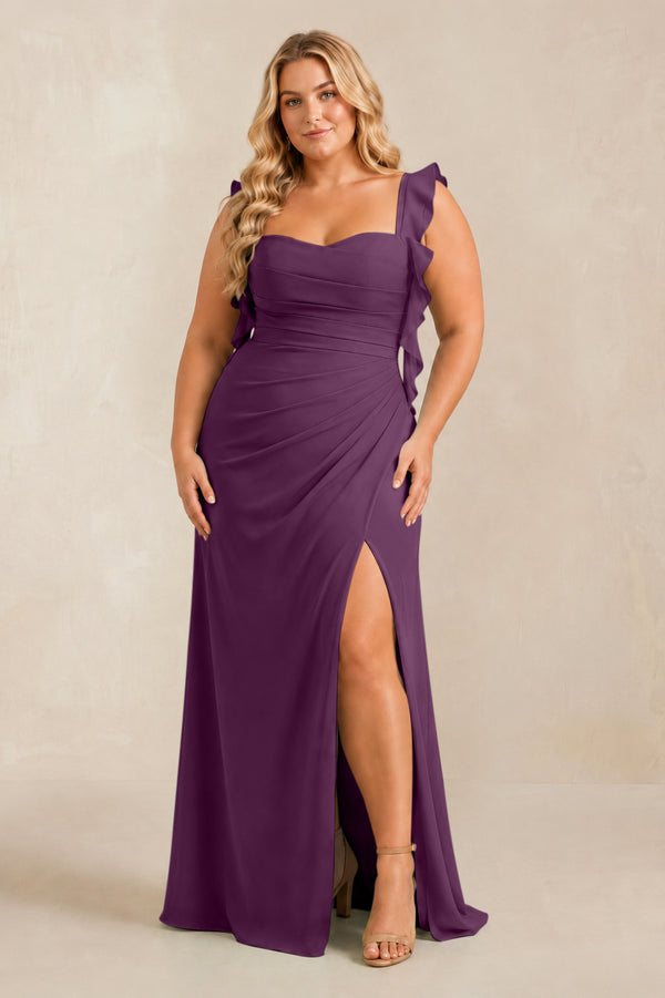 Fig Ruffled Sleeve Ruched Sheath Chiffon Bridesmaid Dress [sizeplus] | KISSBRIDAL