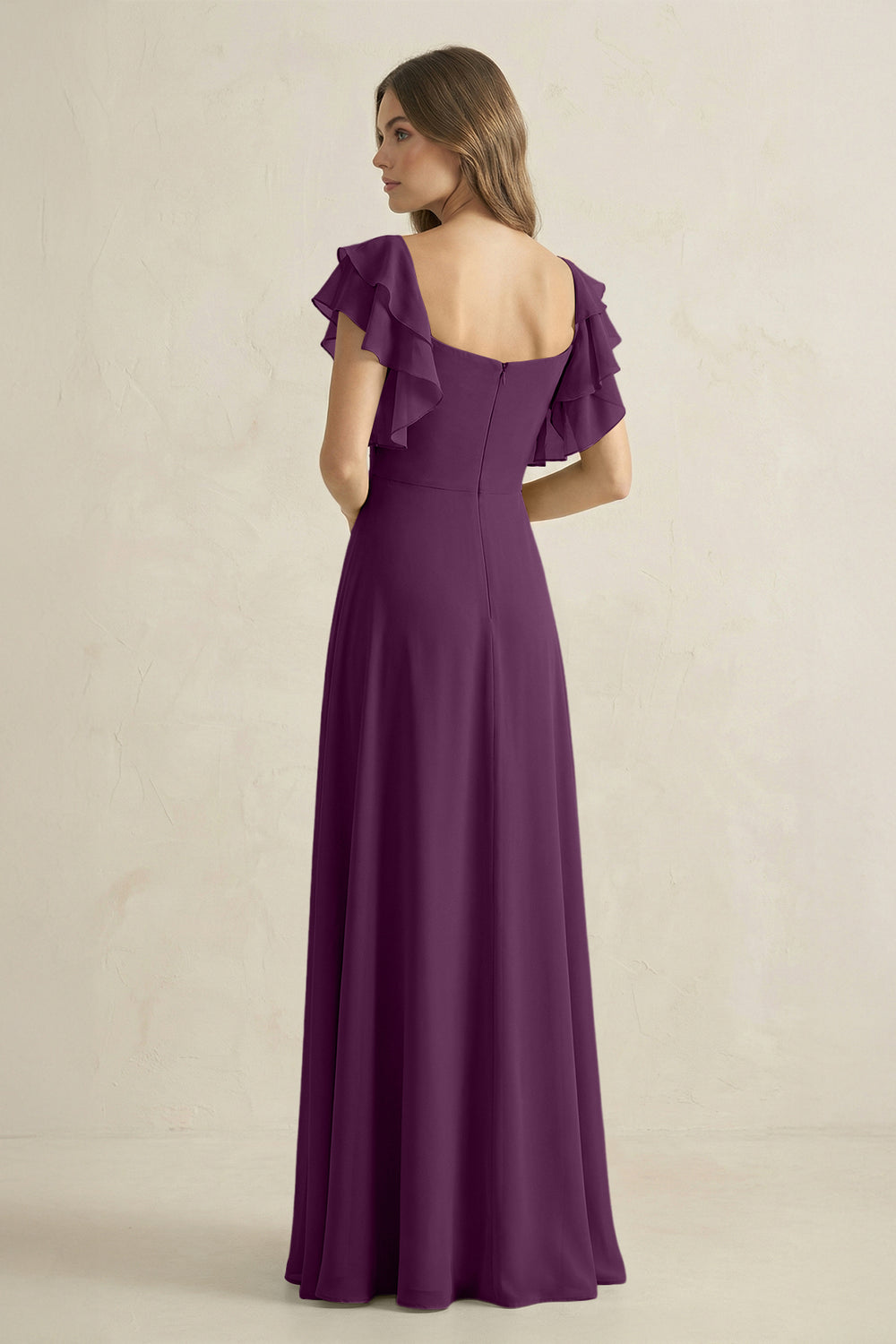 Ruffled Sleeves A-Line Chiffon Bridesmaid Dress in Fig