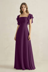 Fig Ruffled Sleeves A-Line Chiffon Bridesmaid Dress | KISSBRIDAL