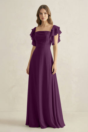 Fig Ruffled Sleeves A-Line Chiffon Bridesmaid Dress | KISSBRIDAL