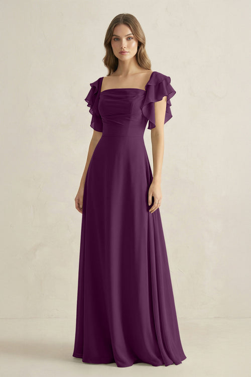Fig Ruffled Sleeves A-Line Chiffon Bridesmaid Dress | KISSBRIDAL