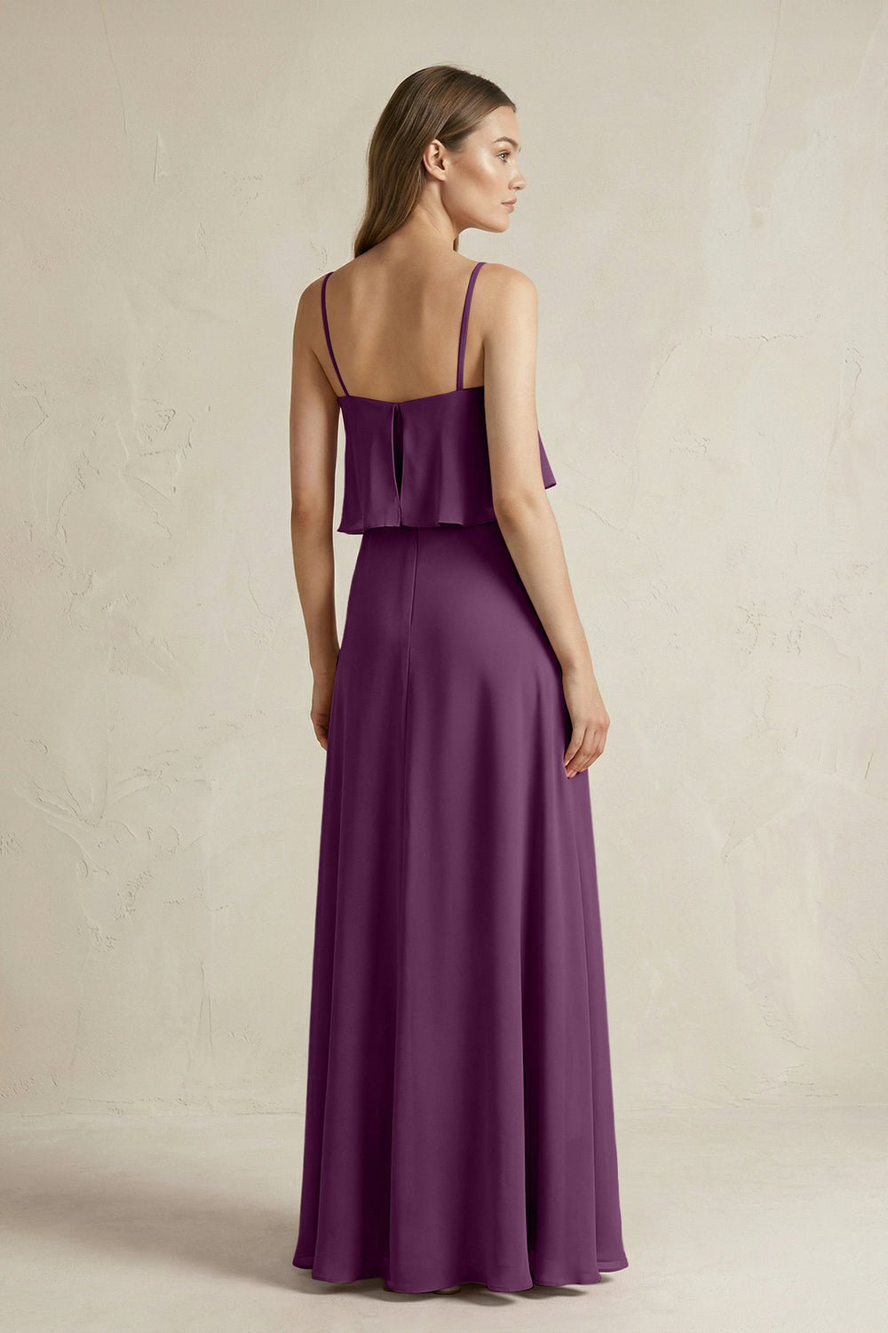 Ruffled Spaghetti Strap A-Line Chiffon Bridesmaid Dress in Fig
