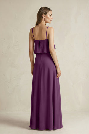 Fig Ruffled Spaghetti Strap A-Line Chiffon Bridesmaid Dress in Fig (2) | KISSBRIDAL