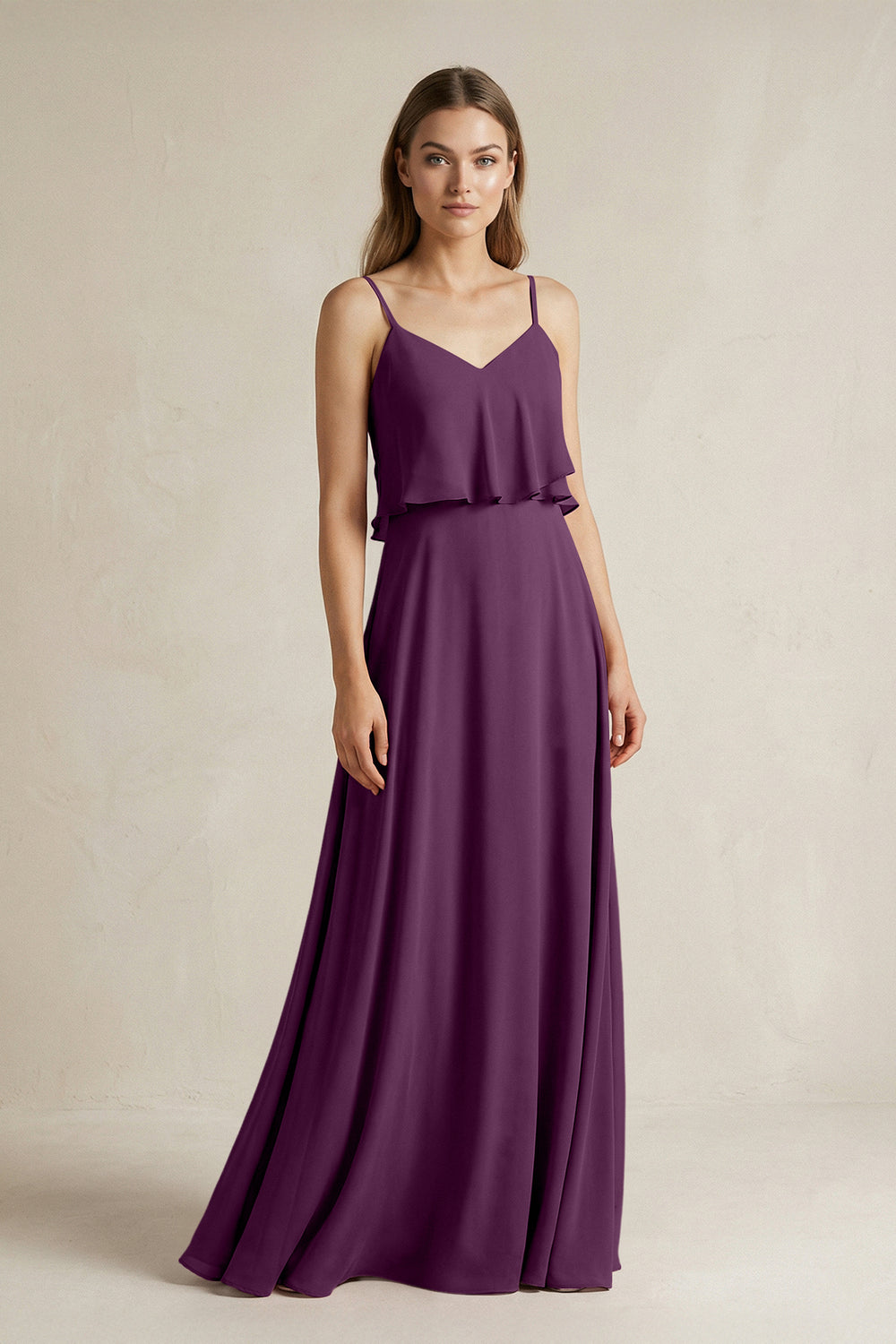 Ruffled Spaghetti Strap A-Line Chiffon Bridesmaid Dress in Fig