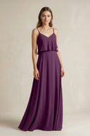 Fig Ruffled Spaghetti Strap A-Line Chiffon Bridesmaid Dress in Fig | KISSBRIDAL