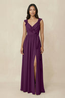 Fig Ruffled V-Neck A-Line Chiffon Bridesmaid Dress | KISSBRIDAL