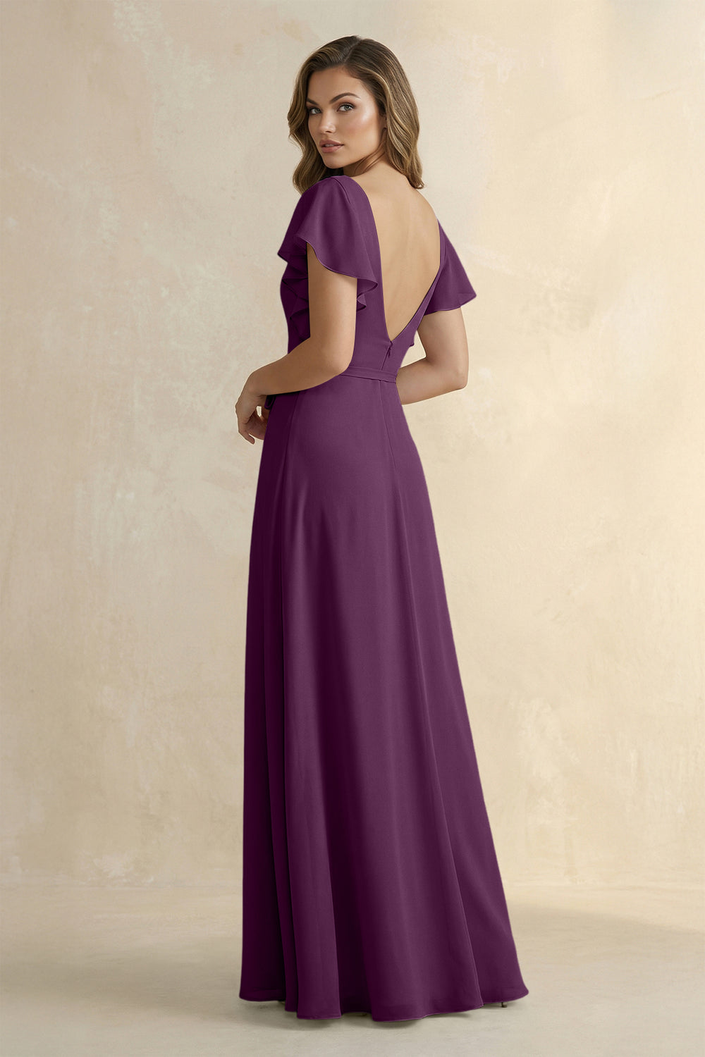 Ruffled V-Neck Chiffon A-Line Bridesmaid Dress in Fig
