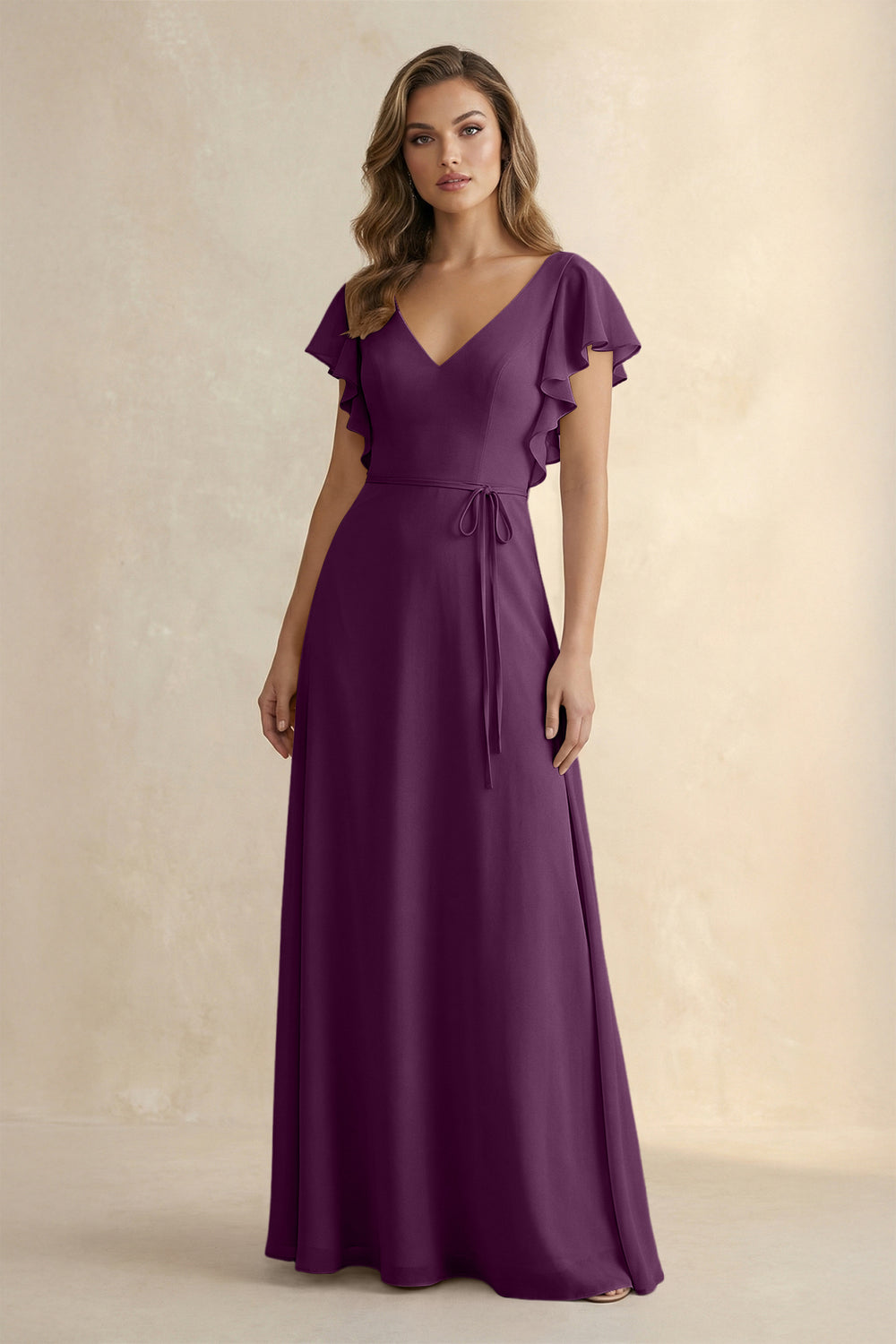 Ruffled V-Neck Chiffon A-Line Bridesmaid Dress in Fig