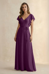 Fig Ruffled V-Neck Chiffon A-Line Bridesmaid Dress | KISSBRIDAL
