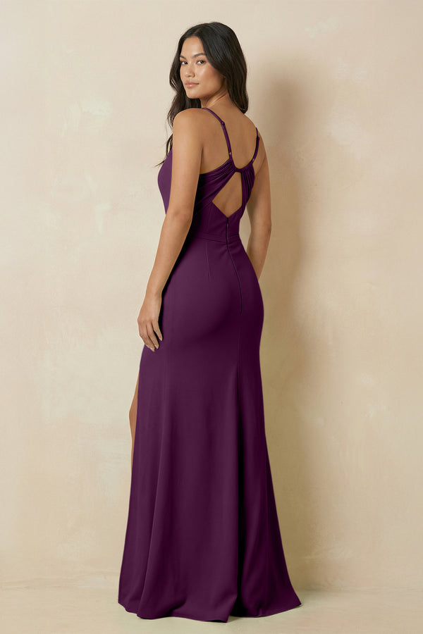 Fig Sheath Cami Strap Chiffon Bridesmaid Dress with Slit (2) | KISSBRIDAL
