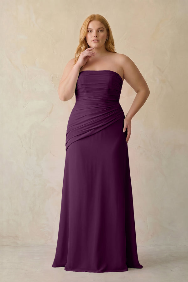 Fig Sheath Chiffon Strapless Pleated Bridesmaid Dress [sizeplus] | KISSBRIDAL