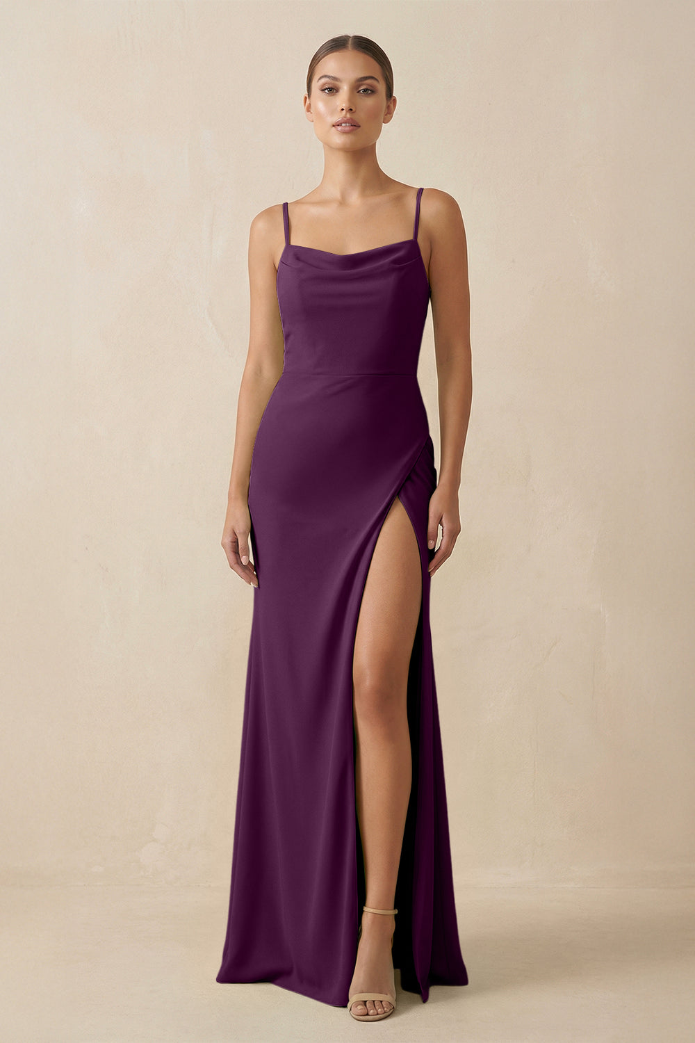 Sheath Spaghetti Straps Chiffon Long Bridesmaid Dress in Fig