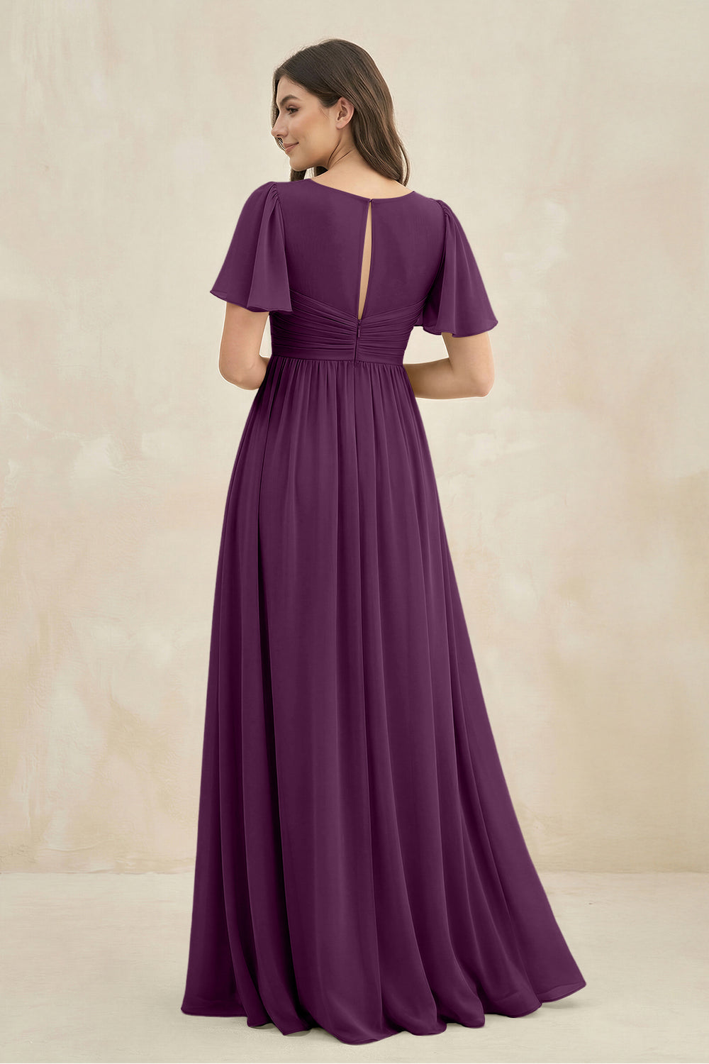 Short Sleeve Chiffon V-Neck A-Line Bridesmaid Dress in Fig