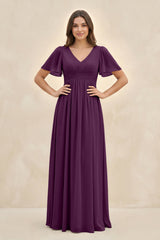 Fig Short Sleeve Chiffon V-Neck A-Line Bridesmaid Dress | KISSBRIDAL