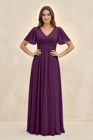 Fig Short Sleeve Chiffon V-Neck A-Line Bridesmaid Dress | KISSBRIDAL