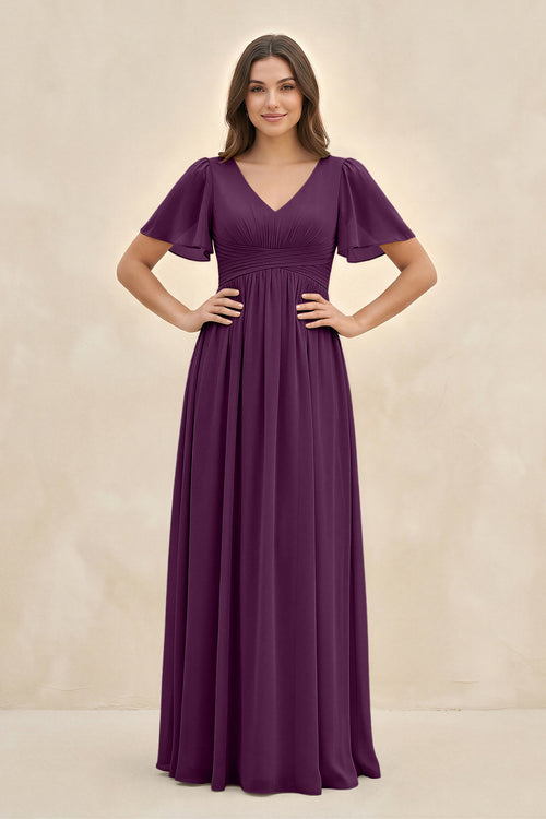 Fig Short Sleeve Chiffon V-Neck A-Line Bridesmaid Dress | KISSBRIDAL