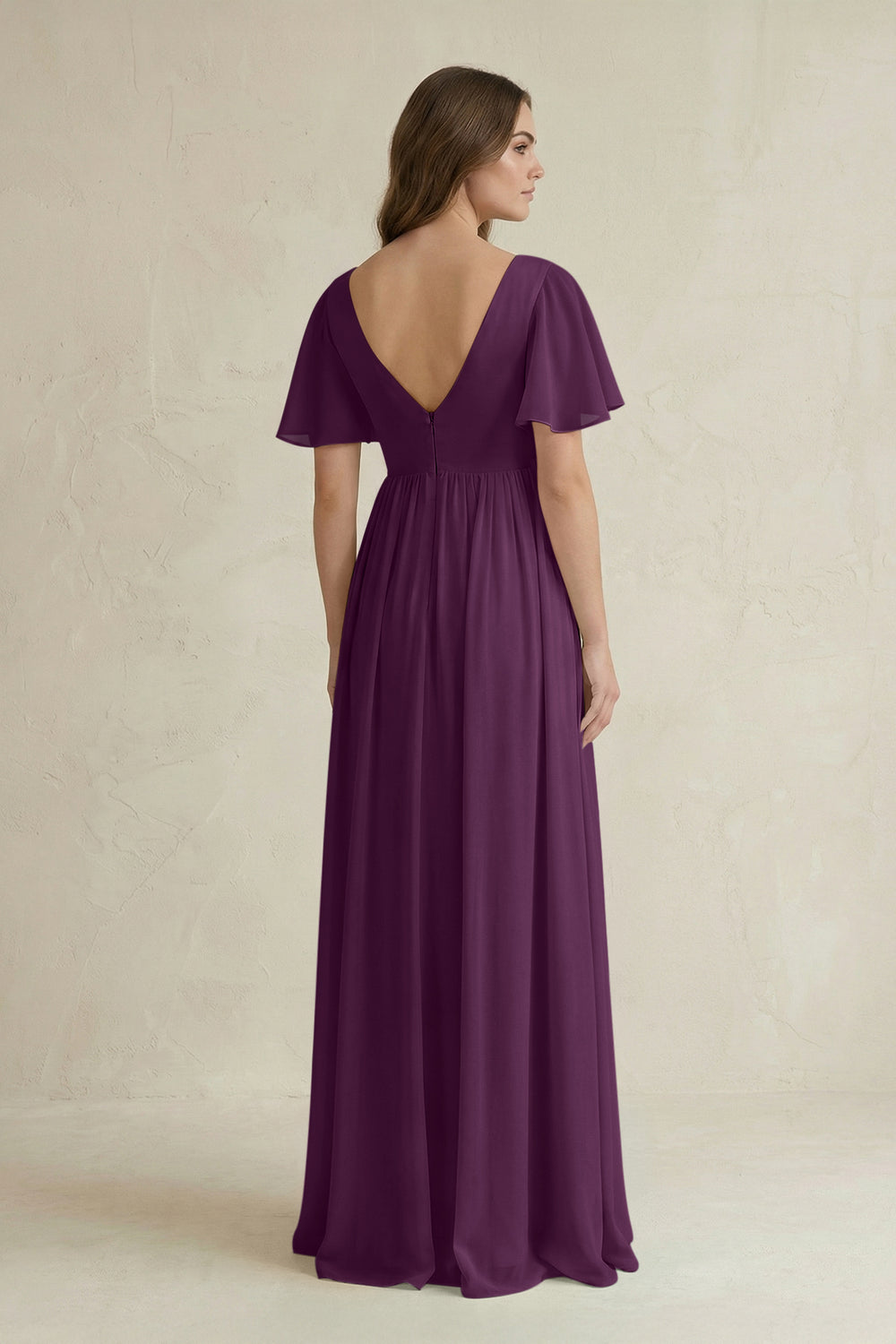 Short Sleeve V-Neck A-Line Chiffon Bridesmaid Dress in Fig
