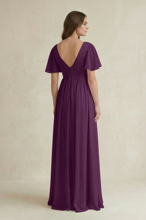 Fig Short Sleeve V-Neck A-Line Chiffon Bridesmaid Dress (2) | KISSBRIDAL