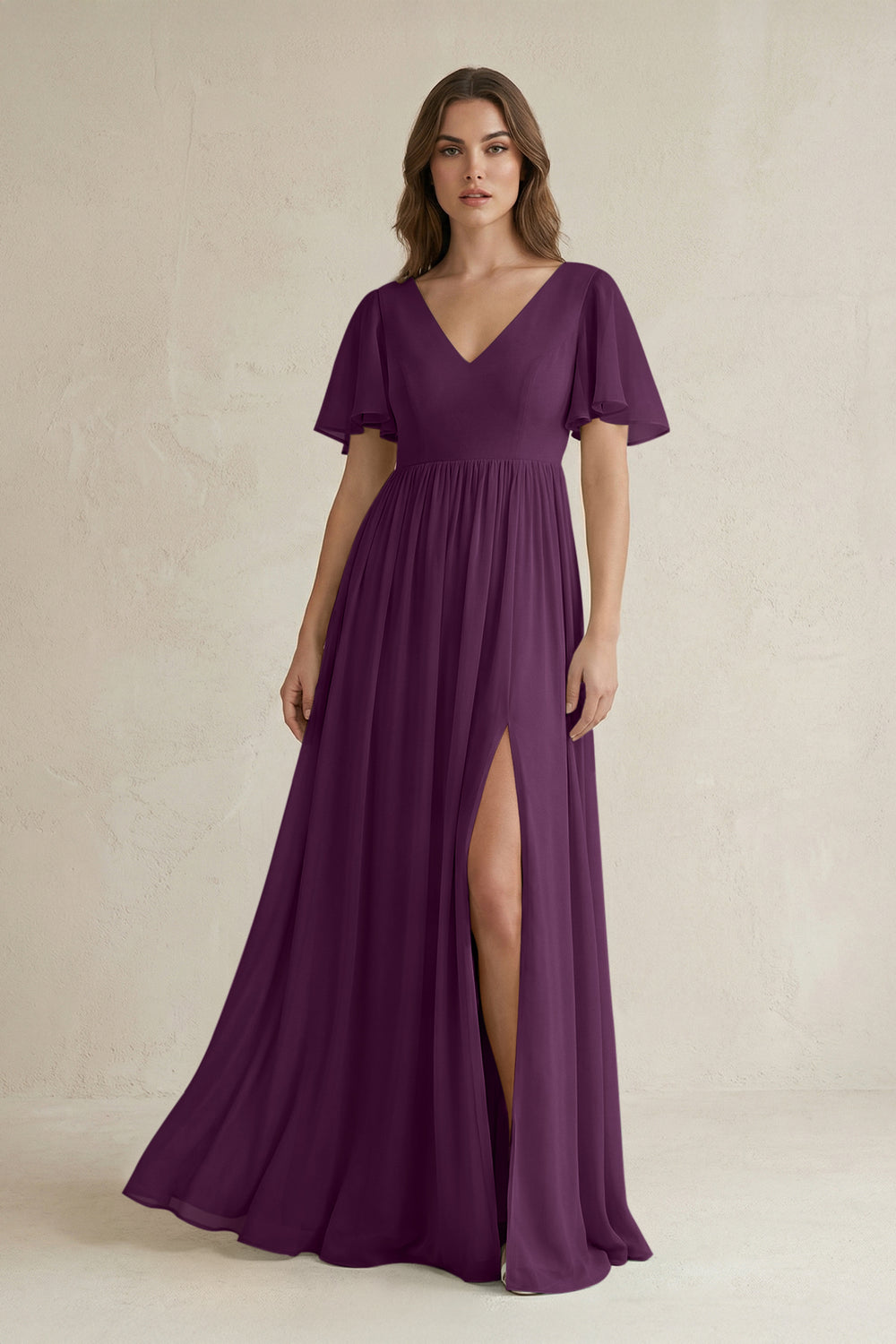 Short Sleeve V-Neck A-Line Chiffon Bridesmaid Dress in Fig