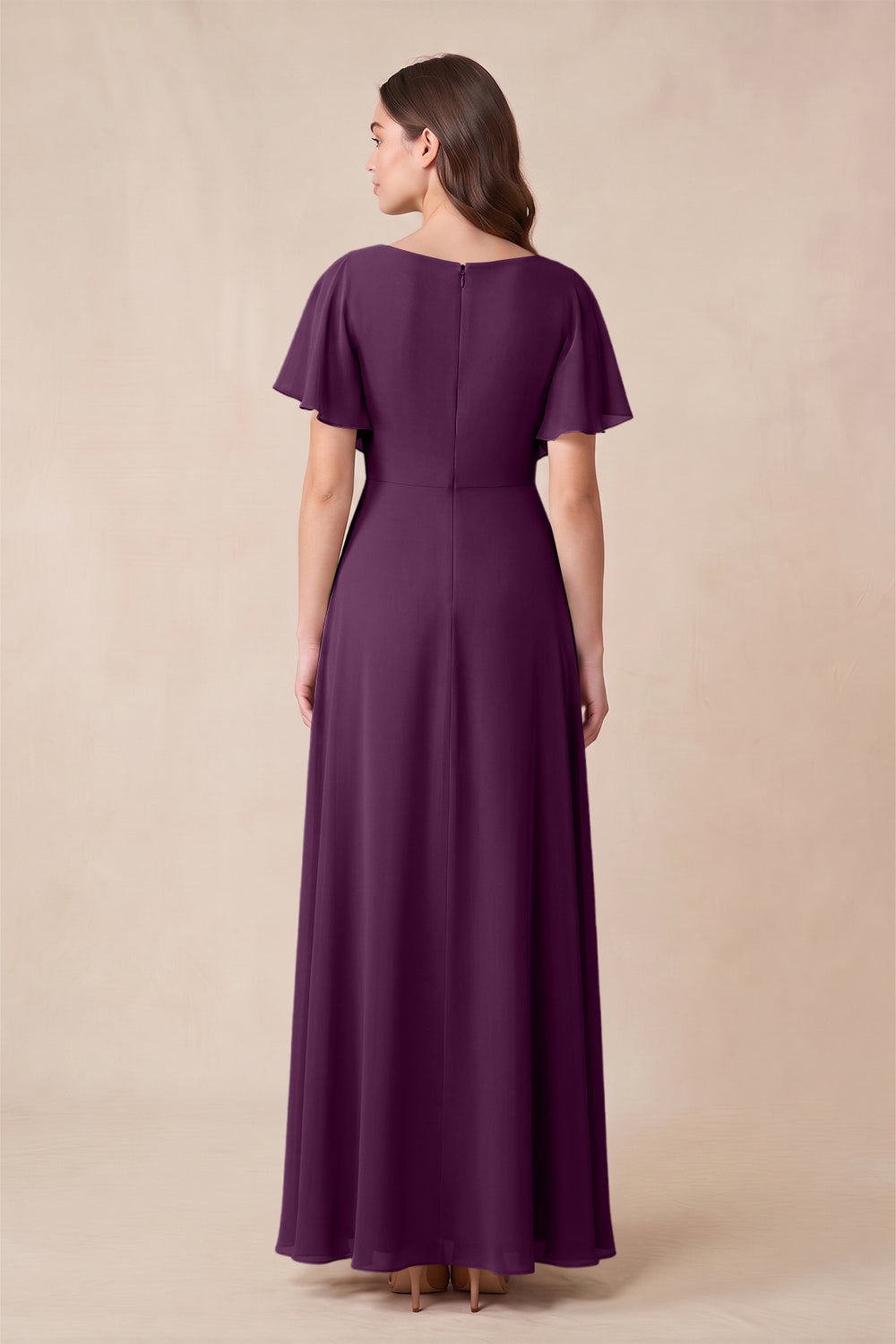 Short Sleeves Bateau A-Line Chiffon Bridesmaid Dress in Fig