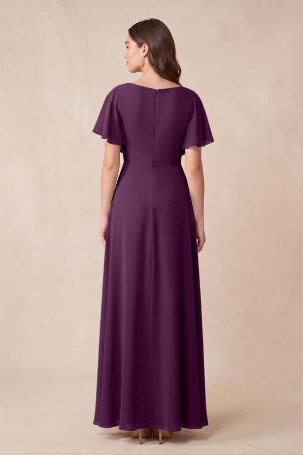 Fig Short Sleeves Bateau A-Line Chiffon Bridesmaid Dress (2) | KISSBRIDAL