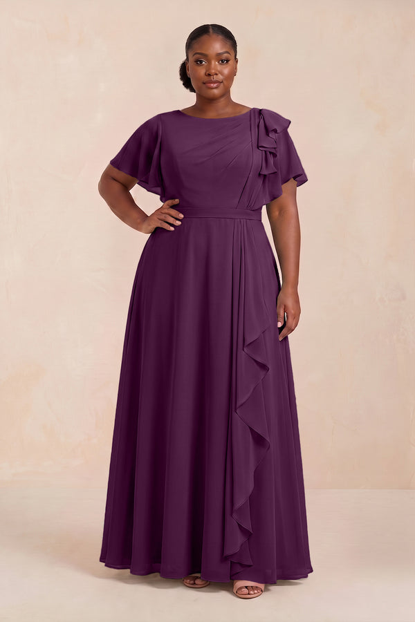 Fig Short Sleeves Bateau A-Line Chiffon Bridesmaid Dress (3) [sizeplus] | KISSBRIDAL