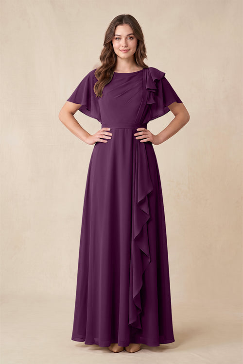Fig Short Sleeves Bateau A-Line Chiffon Bridesmaid Dress | KISSBRIDAL