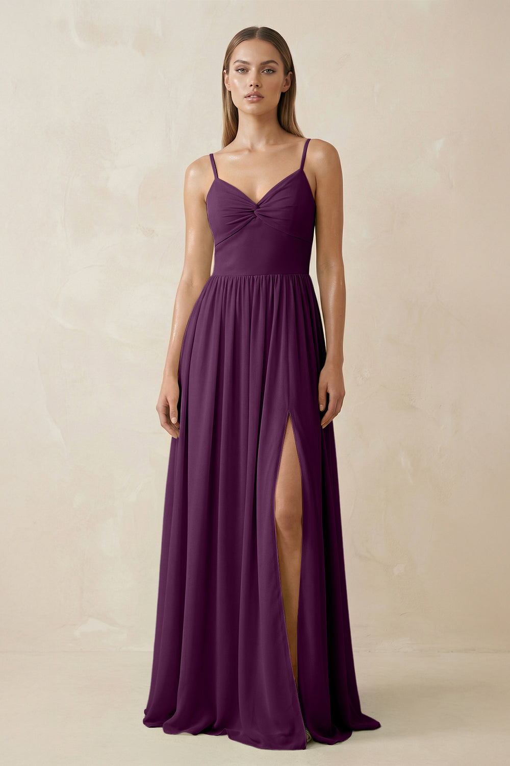 Spaghetti Strap Pleated A-Line Chiffon Bridesmaid Dress in Fig