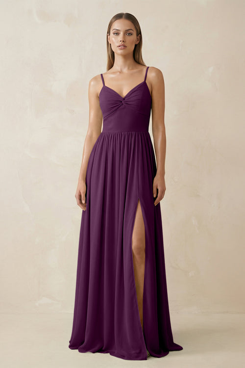 Fig Spaghetti Strap Pleated A-Line Chiffon Bridesmaid Dress | KISSBRIDAL