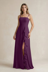 Fig Spaghetti Strap Ruffled A-Line Chiffon Bridesmaid Dress | KISSBRIDAL
