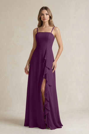 Fig Spaghetti Strap Ruffled A-Line Chiffon Bridesmaid Dress | KISSBRIDAL