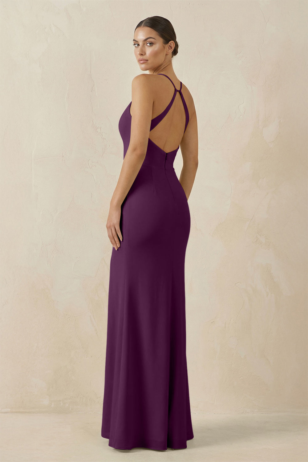 Spaghetti Strap Sheath Chiffon Bridesmaid Dress With Slit in Fig
