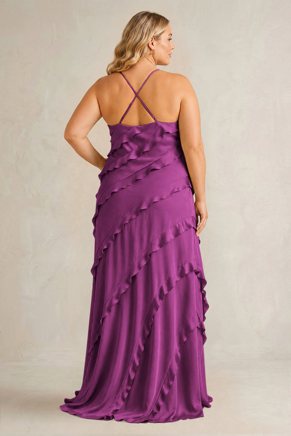 Fig Spaghetti Straps Sheath Stain Ruffled Bridesmaid Dress (2) | KISSBRIDAL[sizeplus]